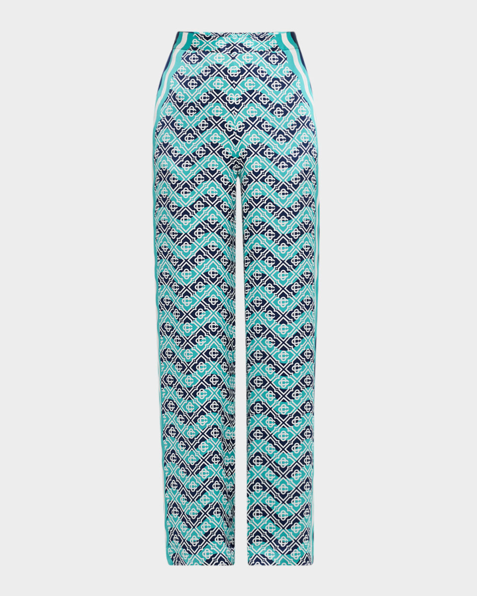Monogram Wavy-Print Silk Straight-Leg Trousers